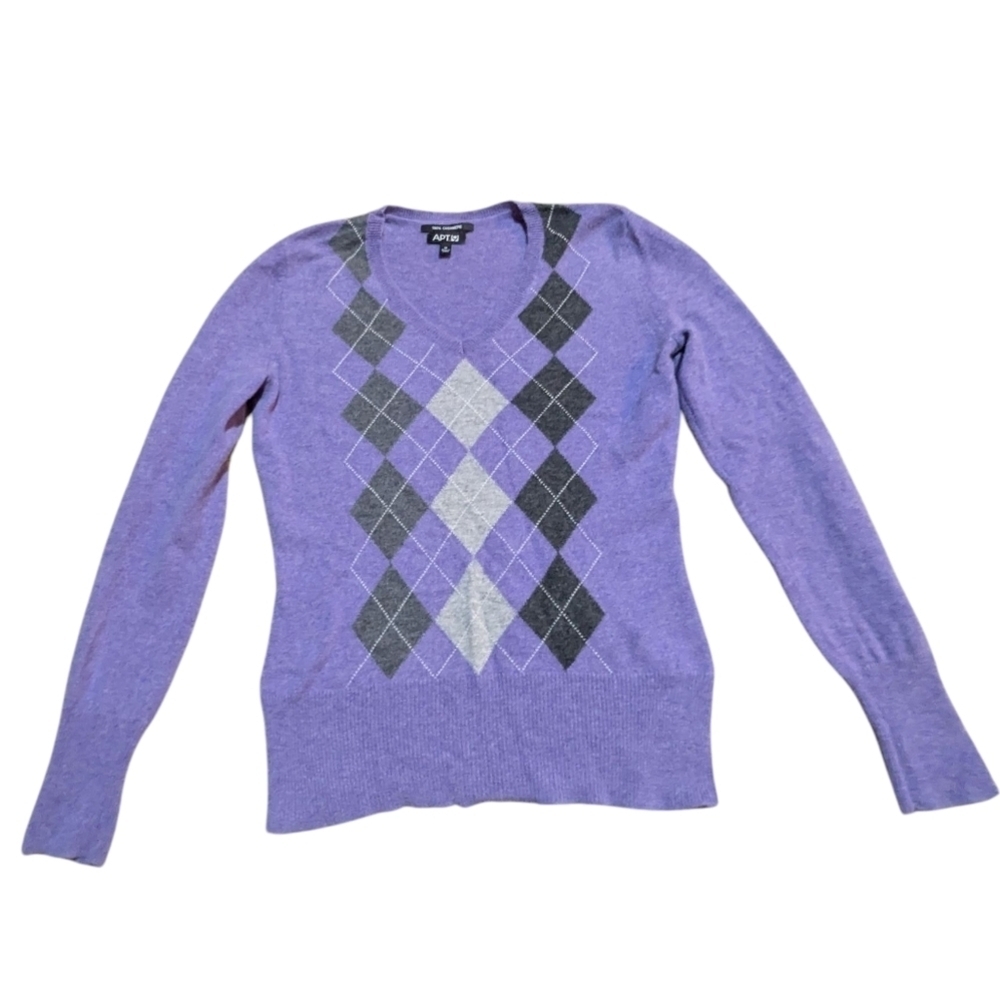 APT 9 Cashmere Sweater Medium Purple Argyle Old Money Classic Traditional